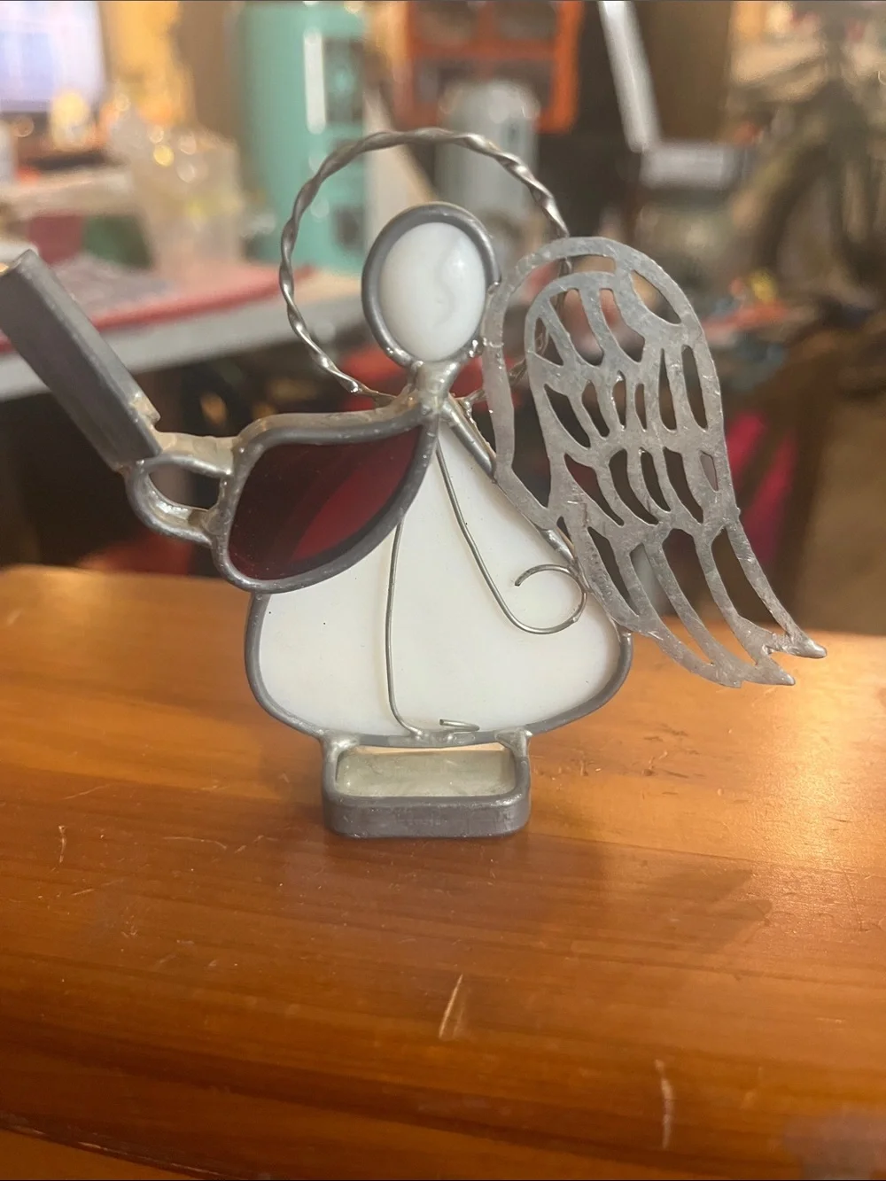 Handcrafted White and Red Stained Glass Angel Figurine - Home Holiday Décor
